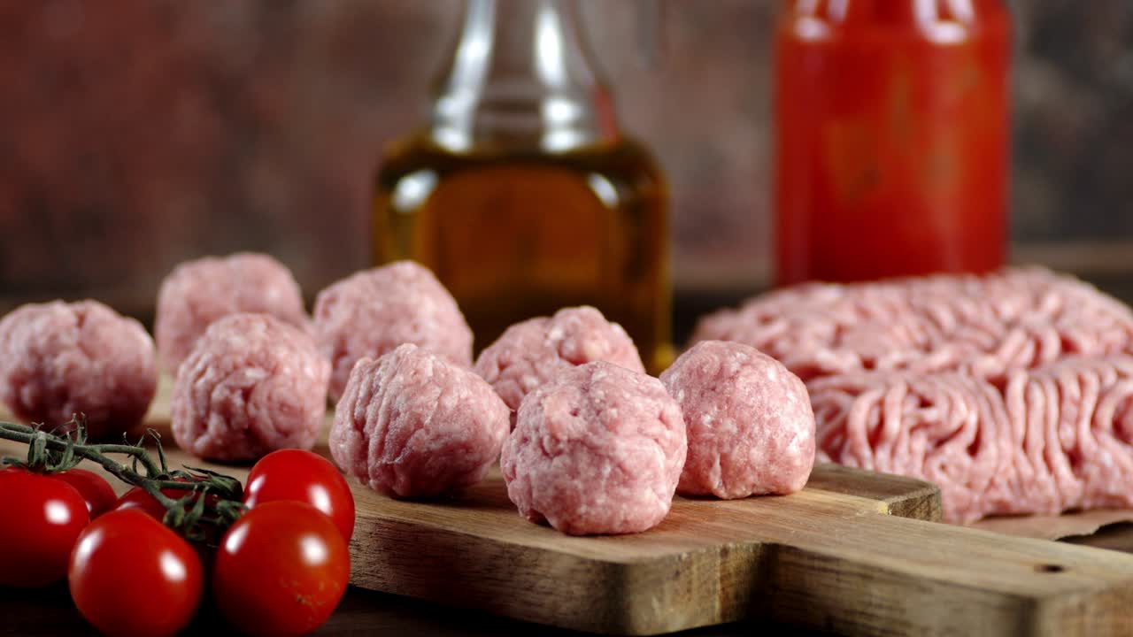 Cooking raw meatballs from minced meat on a cutting Board.