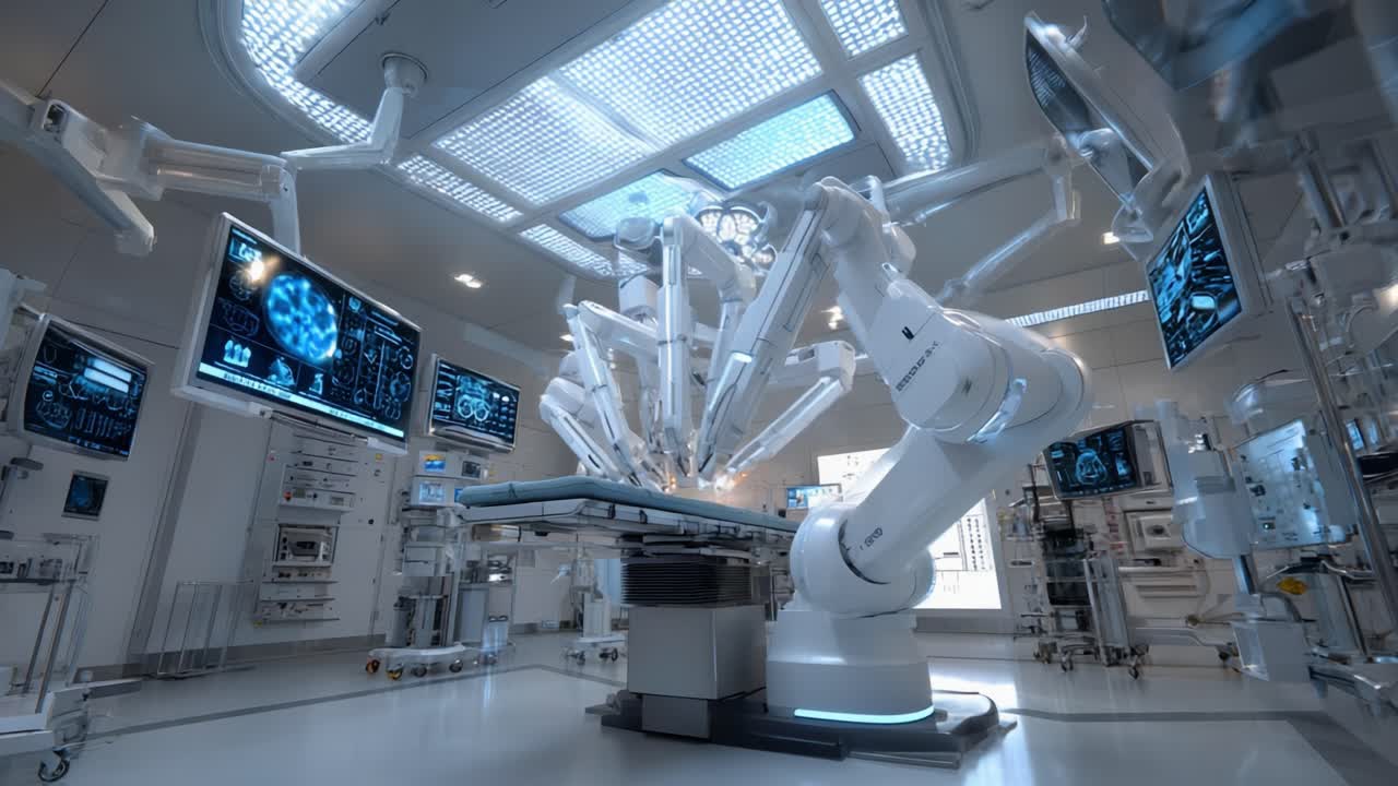 Advanced Robotic Surgery System: A High-Tech Operating Room Featuring State-of-the-Art Surgical Robots with Multiple Advanced Displays for Precision Operations