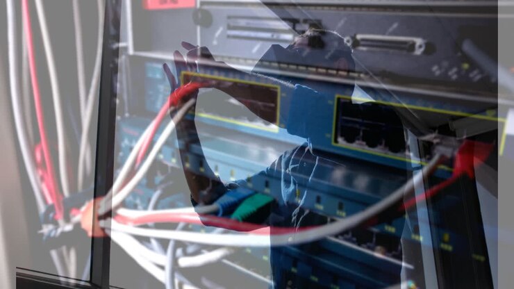 Animation of men using vr headset over server room