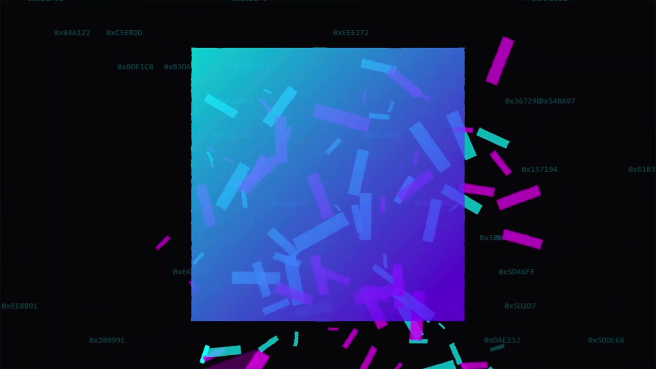 Abstrakte digitale Glitch-Animation mit schwebendem Hexadezimalcode