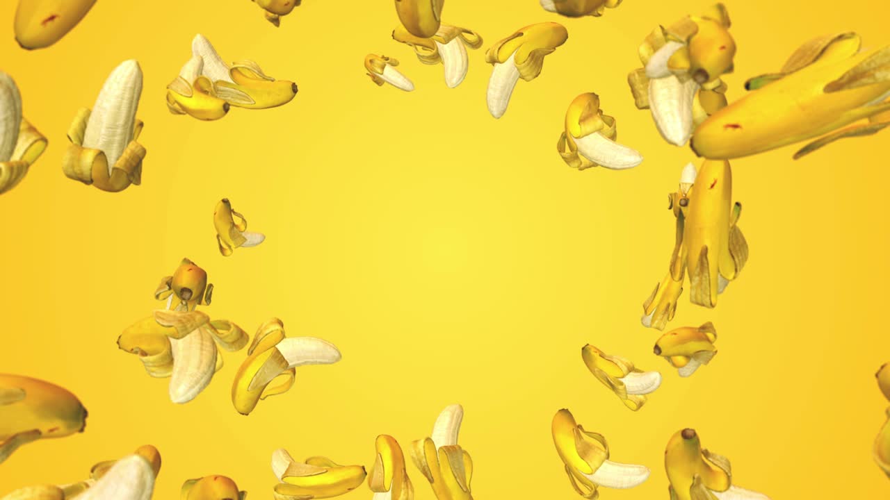 volando plátanos descascarados amarillos frescos. fondo de arte abstracto. animación 3d realista. gráfico de movimiento de bucle brillante para la transmisión de alimentos.