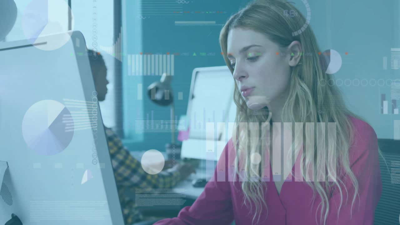 Female analyst typing driving animated data charts syncing with keystrokes and nodding completion