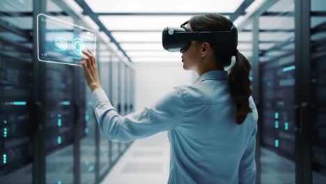 exploring virtual reality in a high-tech data center: a professional engaging with advanced technology for data management and analysis