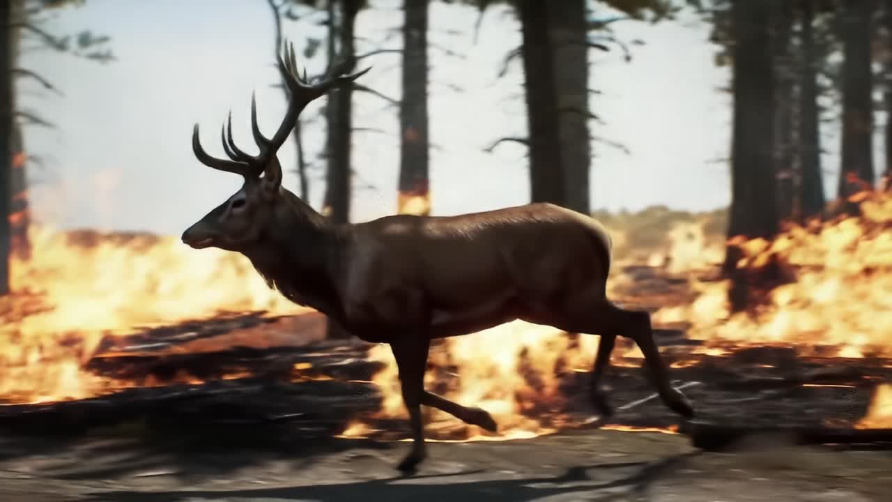 A majestic deer escapes through a forest engulfed in flames, showcasing the raw beauty and danger of wildlife in peril amidst an intense fire hazard