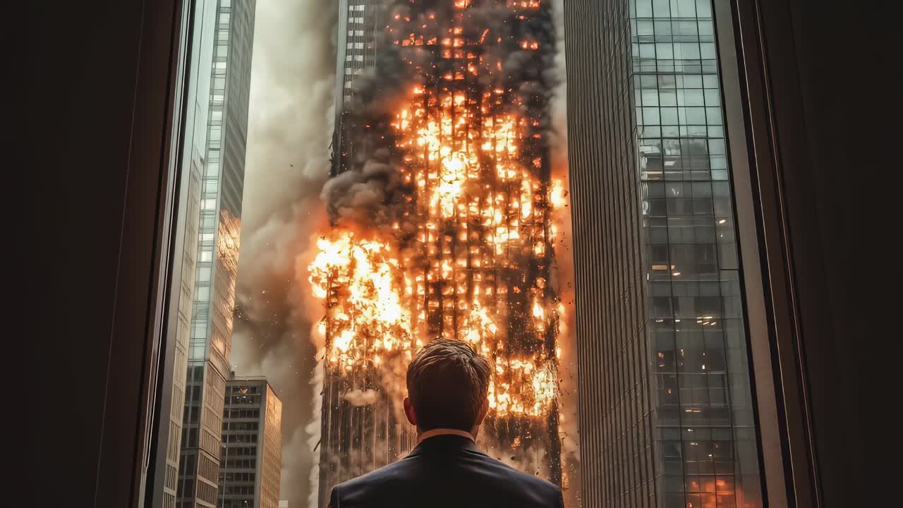 Corporate executive in tailored suit witnessing devastating skyscraper fire consuming urban landscape from office window, symbolizing economic collapse and business sector challenges