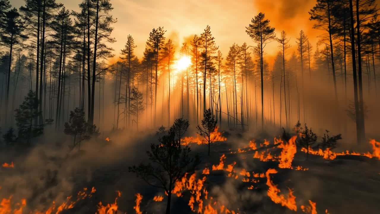Wildfire Blaze in Forest at Sunset. Flames engulf a dense forest as the sun sets, casting an eerie glow through the smoke-filled air.