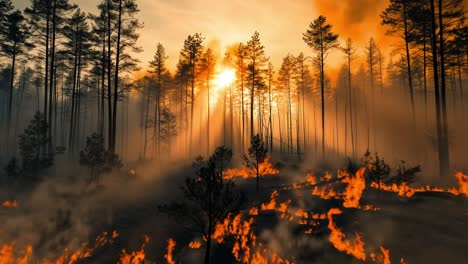 wildfire blaze in forest at sunset. flames engulf a dense forest as the sun sets, casting an eerie glow through the smoke-filled air.