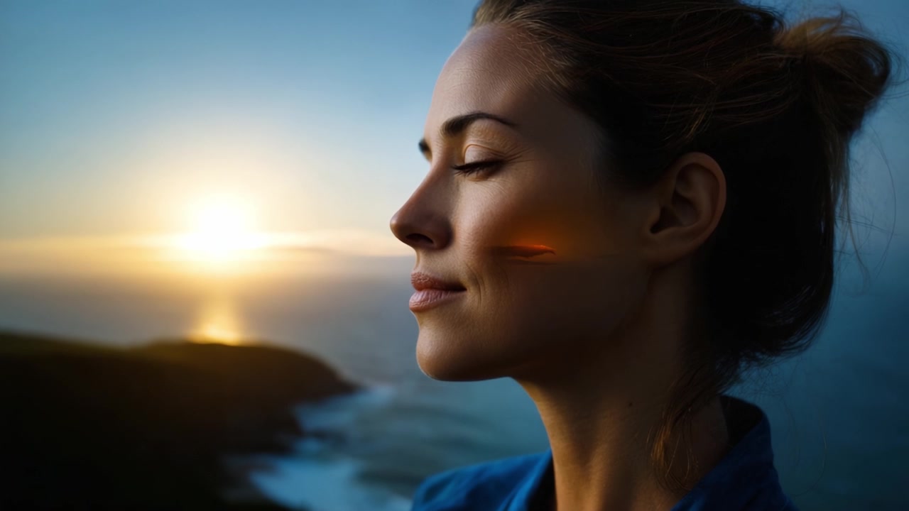 Un momento de tranquilidad al anochecer: El perfil de una mujer disfrutando de una serena puesta de sol junto al océano, capturando paz interior y belleza natural contra un horizonte impresionante.