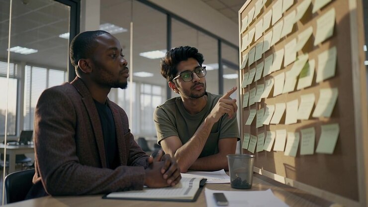 Prompted by corkboard, peer in olive tee pointing and explaining at desk, peer in blazer listening