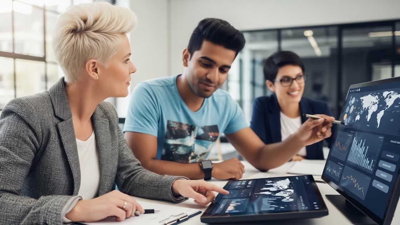 A Collaborative Work Session Involving Three Professionals Analyzing Data on a Computer Screen, Engaged in Discussion and Problem-Solving in a Modern Office