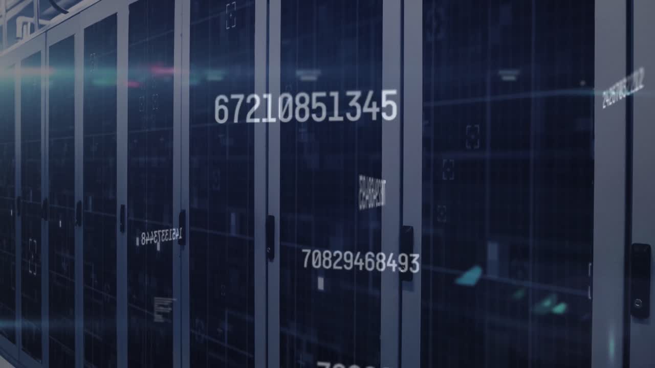 Animation of multiple changing numbers, light spot and data processing against computer server room
