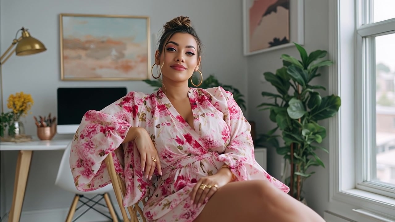 Giovane donna alla moda in un vestito floreale seduta in una stanza moderna.