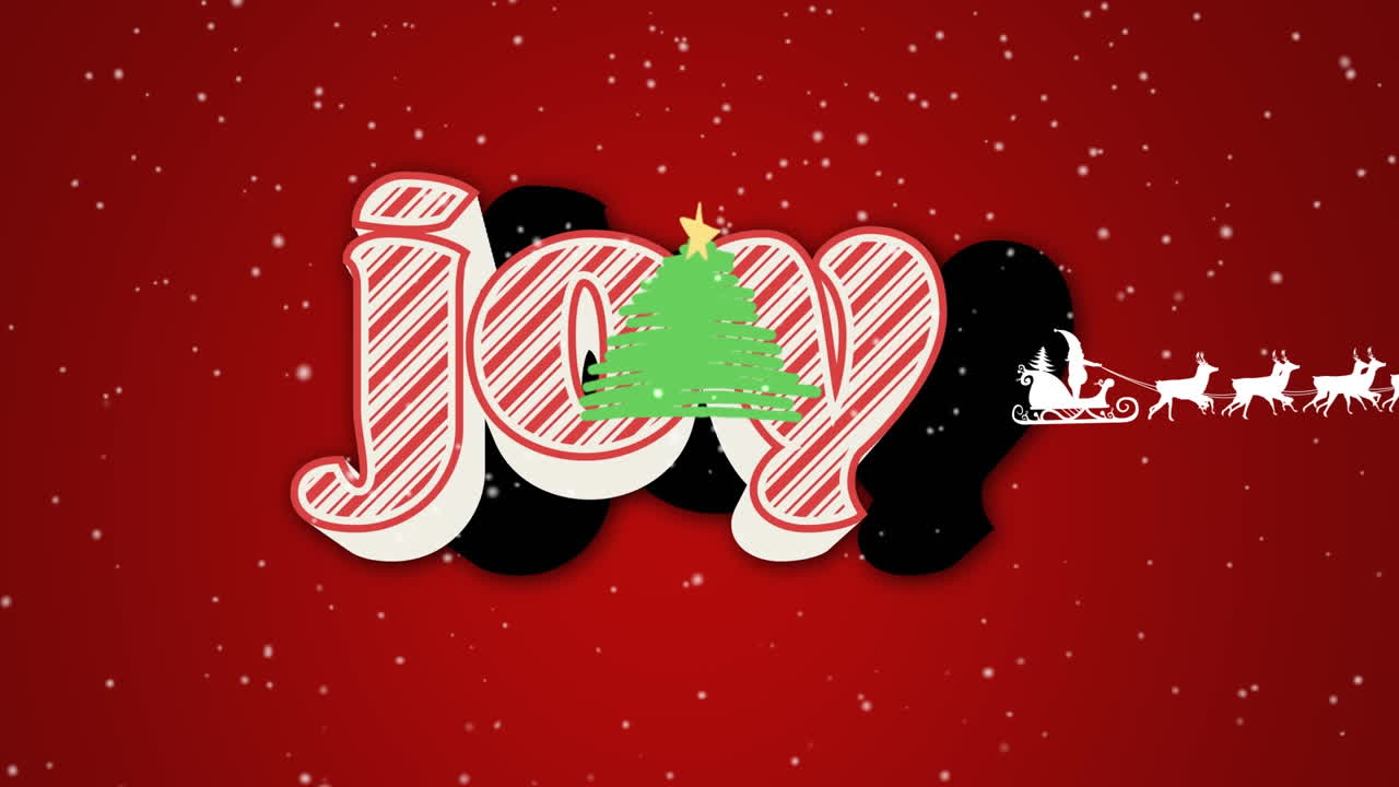 animación de texto de alegría con santa claus en trineo con renos sobre el árbol de navidad sobre fondo rojo.
