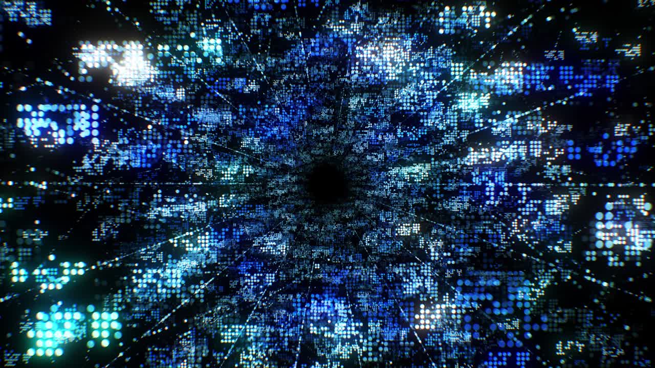 digital abstract tunnel software codificación sin problemas. animación en 3d en bucle de puntos de datos cambiando el cifrado rápido. partículas azules concepto futurista digital.