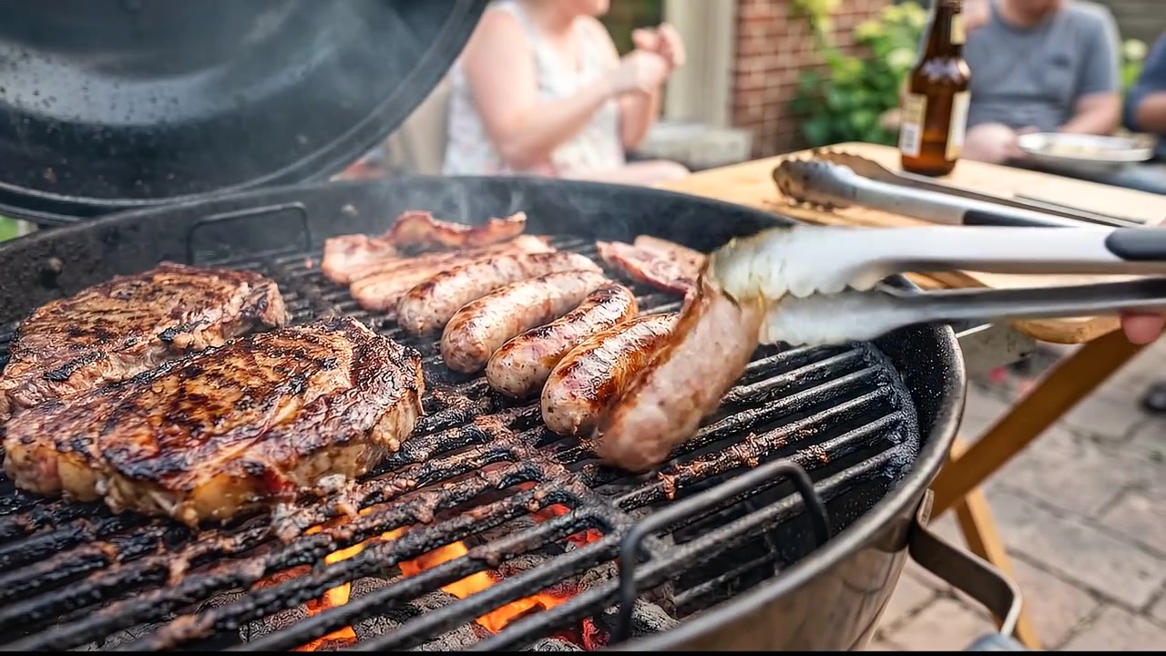 Spesse bistecche di ribeye gourmet che sfrigolano su barbecue a carbone a bollitore all'aperto