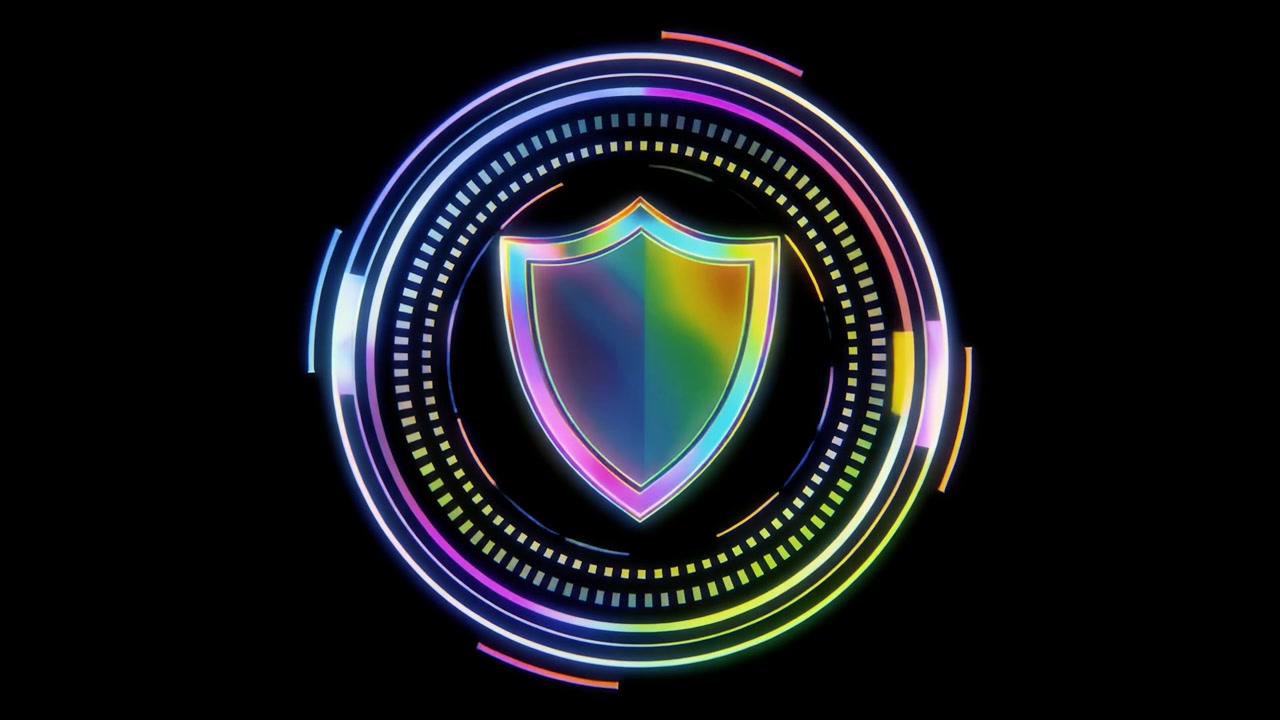 Animated Digital Security Shield Icon with Colorful Neon HUD
