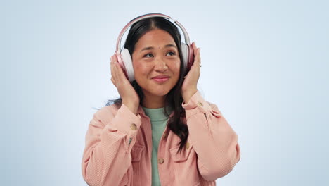 studio music, happy dance and asian woman