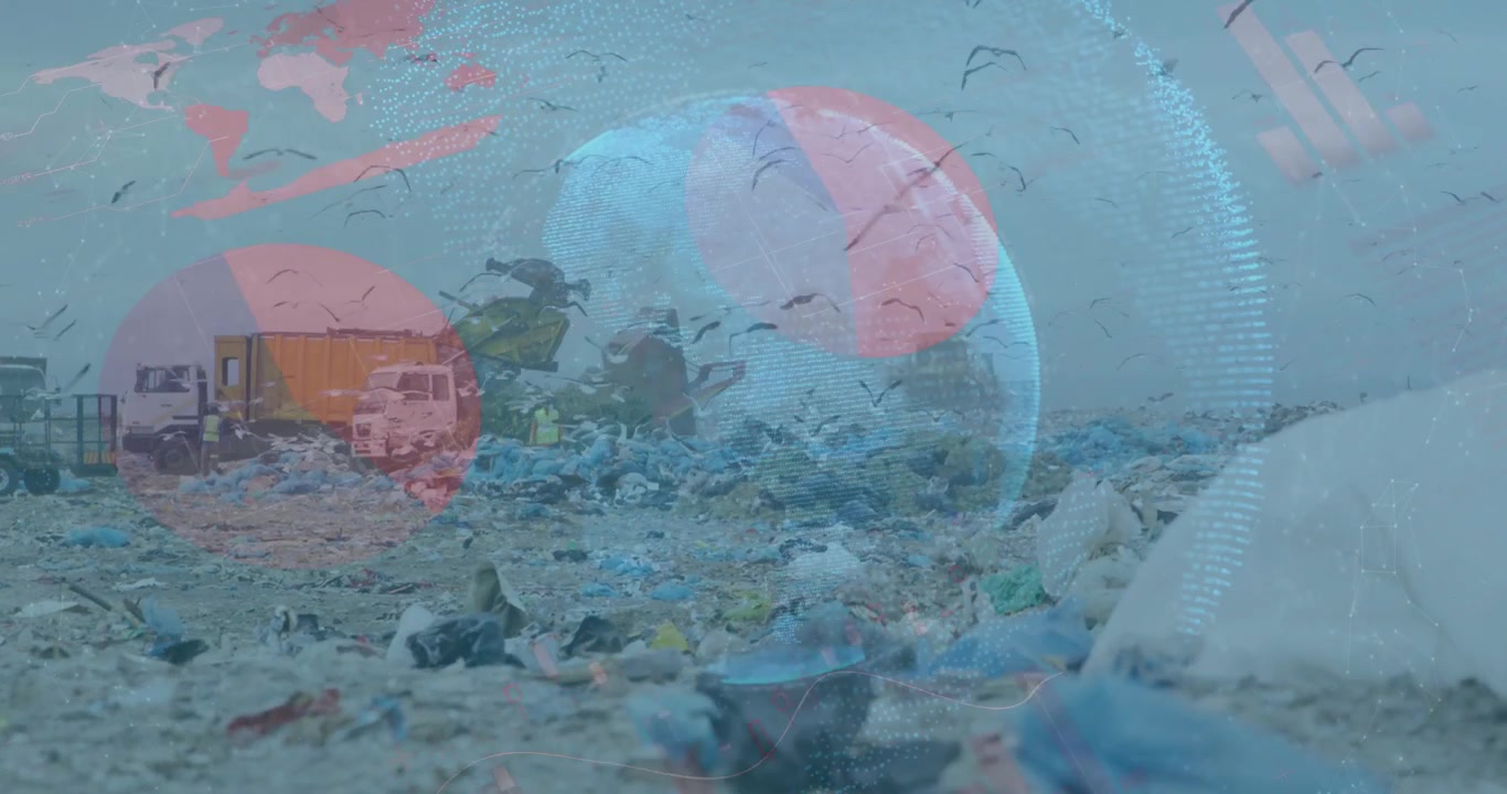 Animação de globo com estatísticas e processamento de dados sobre veículos em terreno baldio