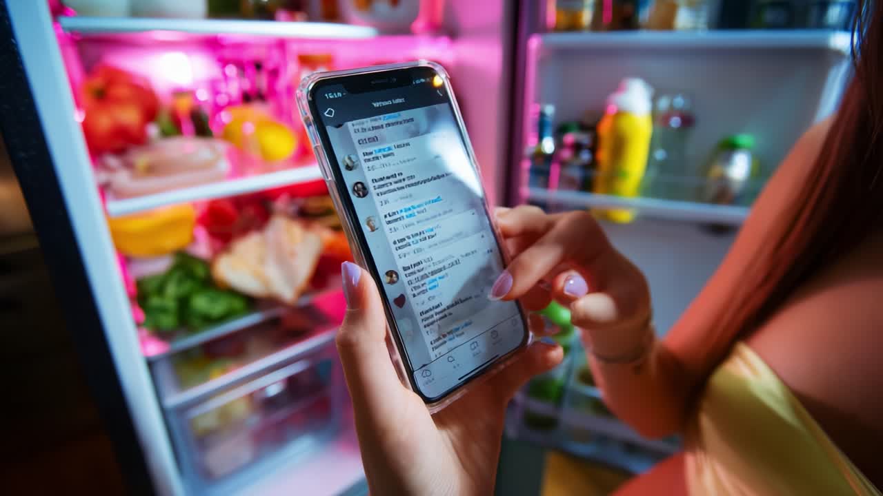 Exploring Late-Night Snacks and Social Media Conversations: A Glimpse into a Modern Lifestyle with a Smartphone and an Open Refrigerator Full of Delicious Food Choices