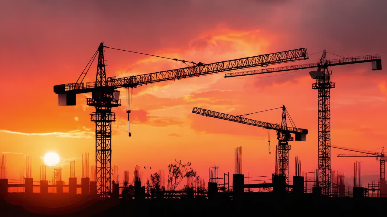 Silhouetted Construction Cranes Against a Vibrant Sunset Sky: A Stunning View of Industrial Development and Urban Growth in the Fading Light