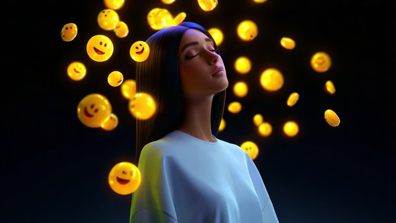 A thoughtful young woman with long straight hair contemplates amidst a whirlwind of bright and cheerful emoji faces, filled with expressive emotions, symbolizing joy, happiness, and positivity in a surreal backdrop