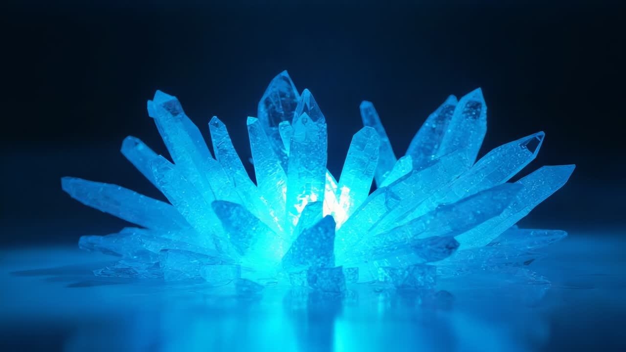 Darkness fading, spiky blue-glowing crystal cluster pulsing on mirror surface revealing facets