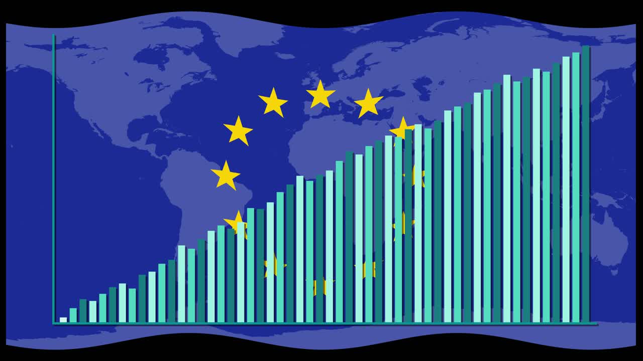 Animated bar graph grows upward over EU flag with world map, blue palette, smooth transitions