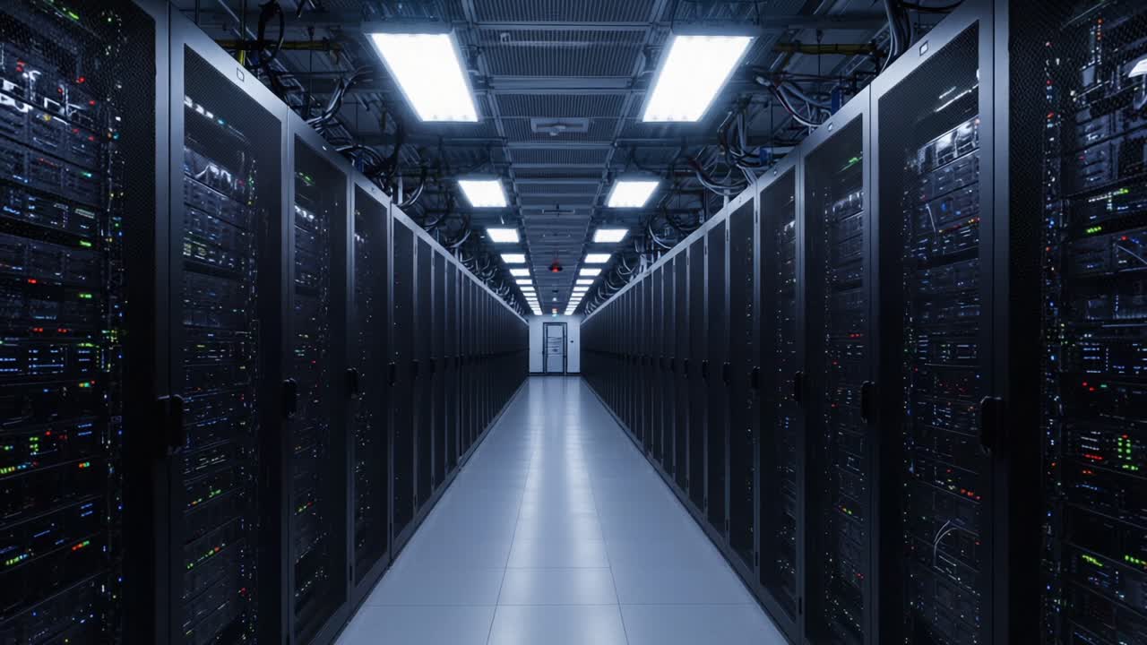 Exploring the Heart of Data Storage: A Serene Walk Through a Modern Server Room with High-tech Equipment, Illuminated by Bright LED Lights and Sleek Black Cabinets