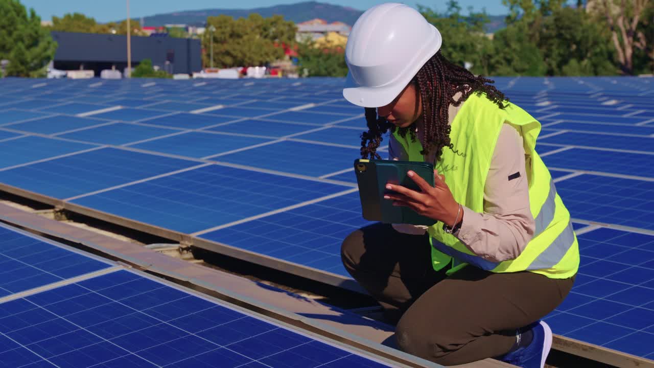 Engineer Inspecting Solar Panels on a Solar Farm