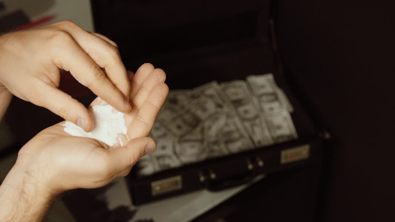 Mani che tengono polvere bianca con una valigetta piena di contanti sullo sfondo. Concetto di droghe illegali, traffico di stupefacenti, denaro sporco e economia sommersa