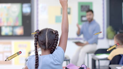 raising hand in classroom, student with braids over animated pencils
