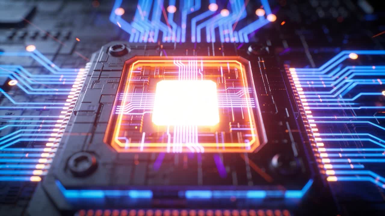 Powering central chip die on power, camera zooming toward PCB, orange frame and glowing traces