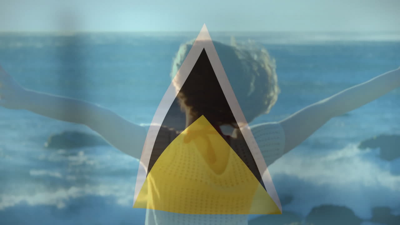 Over ocean waves, person with outstretched arms and geometric animation overlay