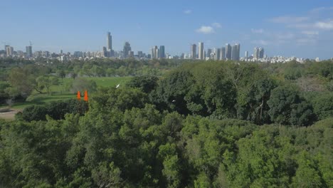 north tel aviv park yarkon aerial skyline. above the park with tel aviv's skyscrapers on the horizon