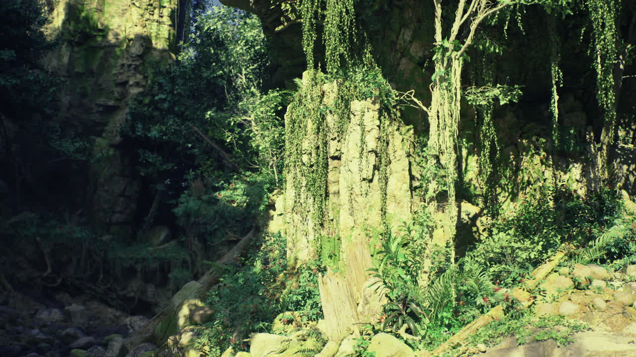 Lush greenery envelops ancient rock formations in a vibrant nature setting