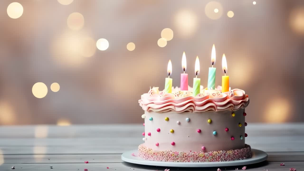 Close-up video angle of a festive birthday cake with colorful candles, soft focus bokeh lights
