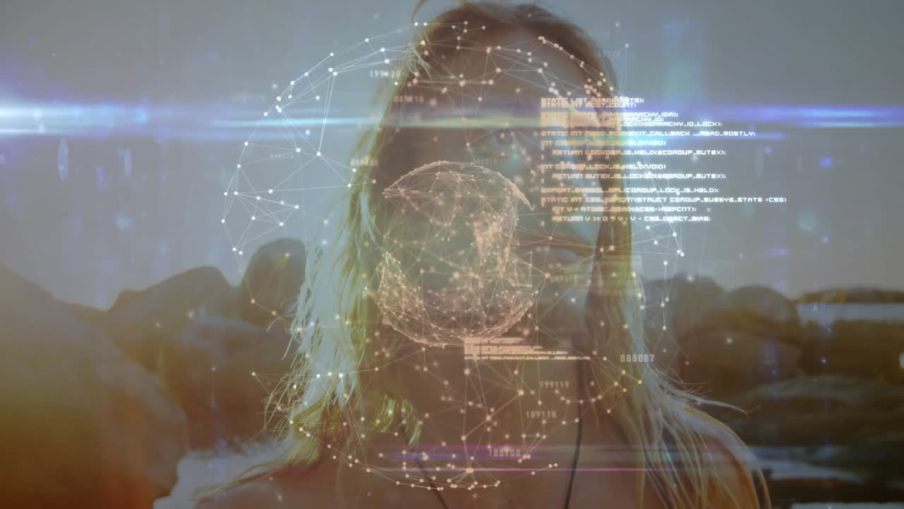 Animation overlaying digital network and data visualization on person outdoors