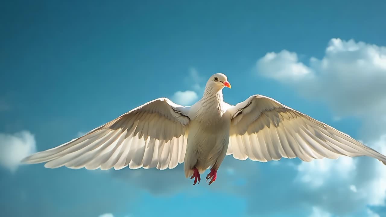 A white dove is flying in the sky with its wings spread wide. Concept of freedom and peace, as the bird soars through the air with grace and ease
