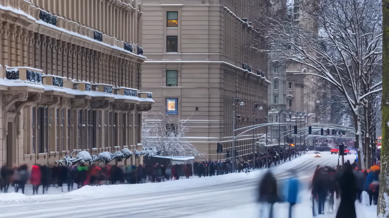 Winter street scene with people and traffic