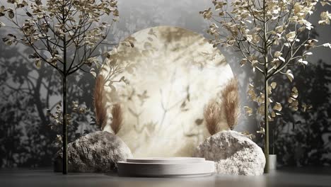 nature forest tree product display stand design with tree leave shadow in 3d rendering animation , e-commerce website sale discount for natural product sunshine natural light