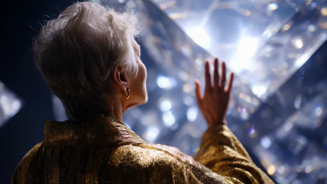 A Captivating Moment: An Elderly Woman Reaches Out to a Dazzling Light Installation, Bathed in a Shimmering Golden Robe, Creating a Magical Atmosphere That Evokes Wonder and Reflection
