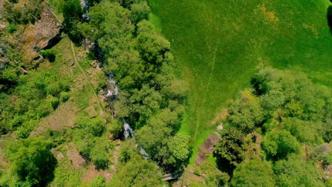 Beautiful-Birdseye-view-of-lush-and-green-area-around-a-freshwater-fiver-on-a-sunny-summer-day