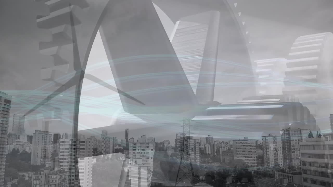 animación de engranajes girando sobre el paisaje urbano.