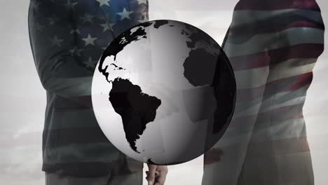 animation of globe over american flag and businessman handshake