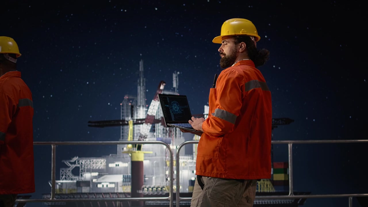 Ingeniørteam på offshoreplatform bruger AI på bærbar computer til at overvåge driften.