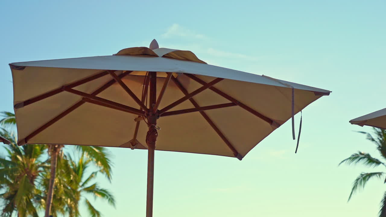 Static low angle of sun umbrella on summer clear sky with palm trees