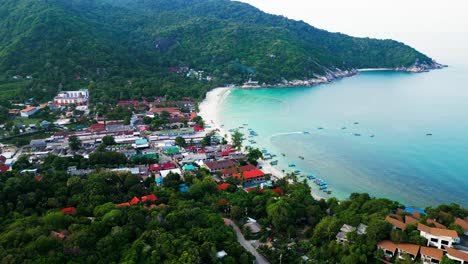 aerial of famous haad rin beach in koh phangan island gulf of thailand destination full moon party
