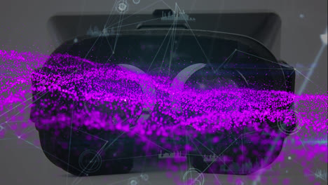 animazione di punti viola su rete di connessioni e auricolare vr su sfondo bianco