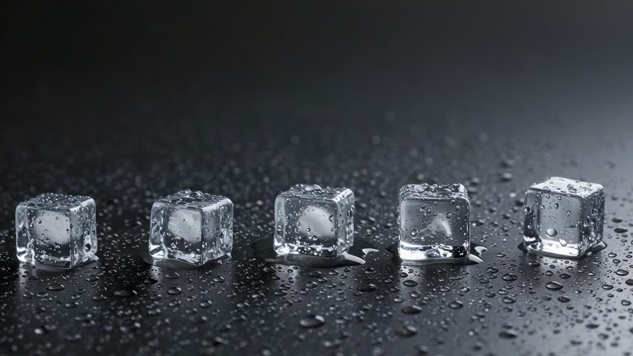 A Close-Up View of Chilled Ice Cubes on a Dark Surface Glimmering with Droplets, Showcasing Their Clear Texture and Refreshing Appeal