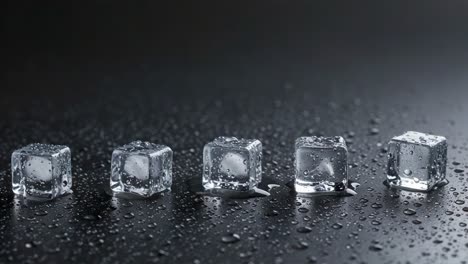 a close-up view of chilled ice cubes on a dark surface glimmering with droplets, showcasing their clear texture and refreshing appeal
